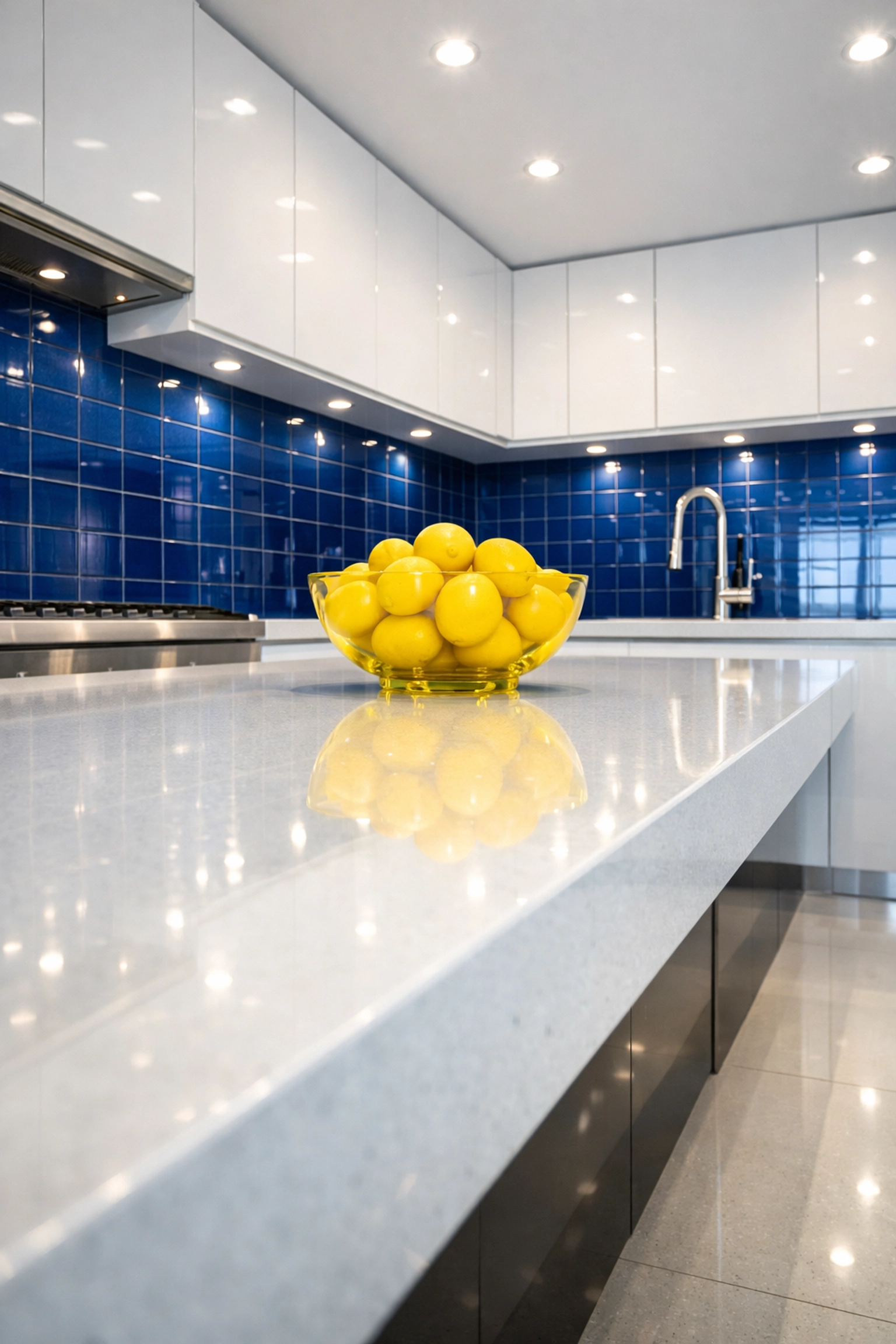 Spotless luxury apartment kitchen in Leominster featuring clean quartz countertops and a blue backsplash.