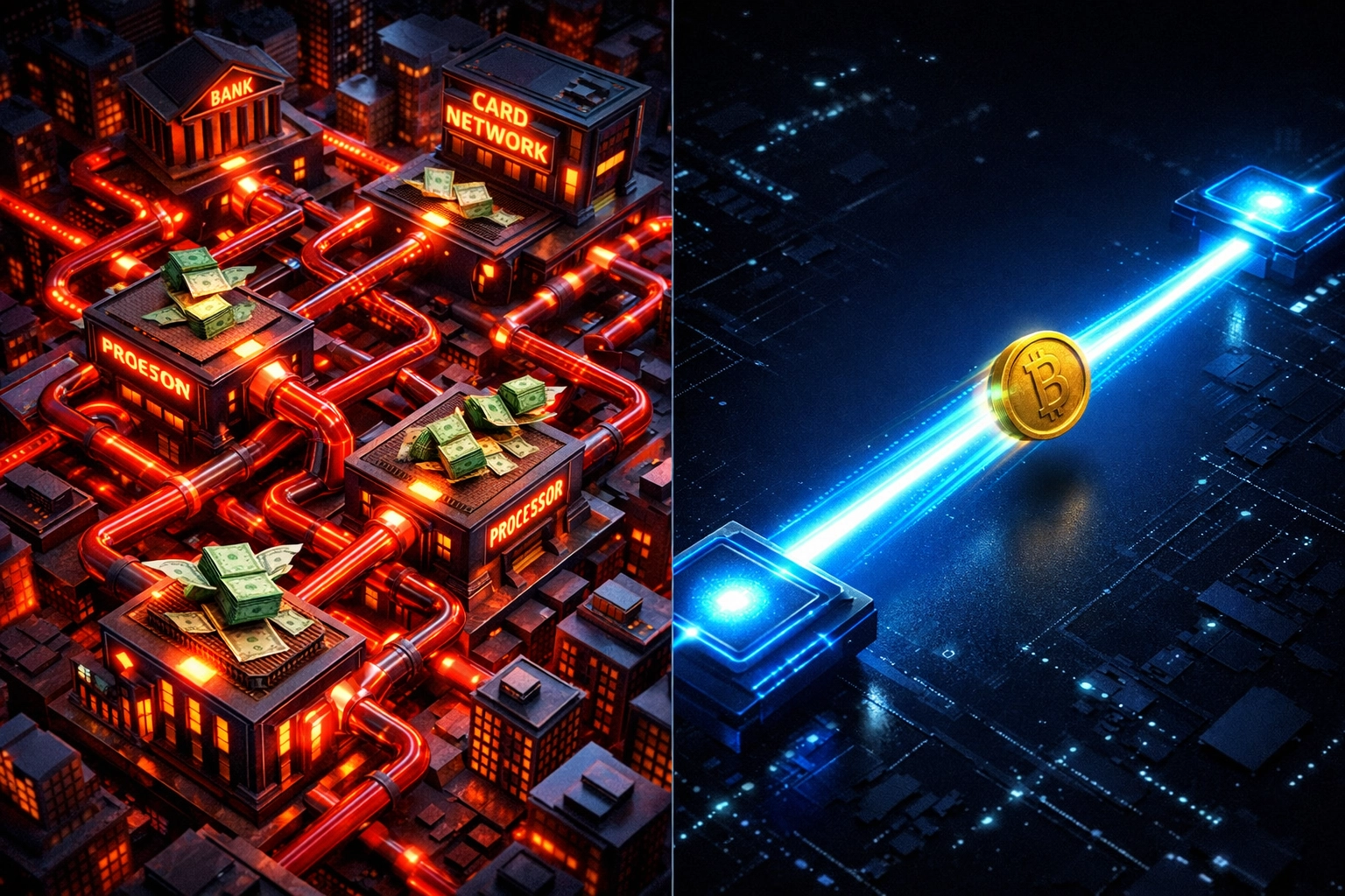 Traditional payment processing vs blockchain Web3 payments showing merchant fee reduction