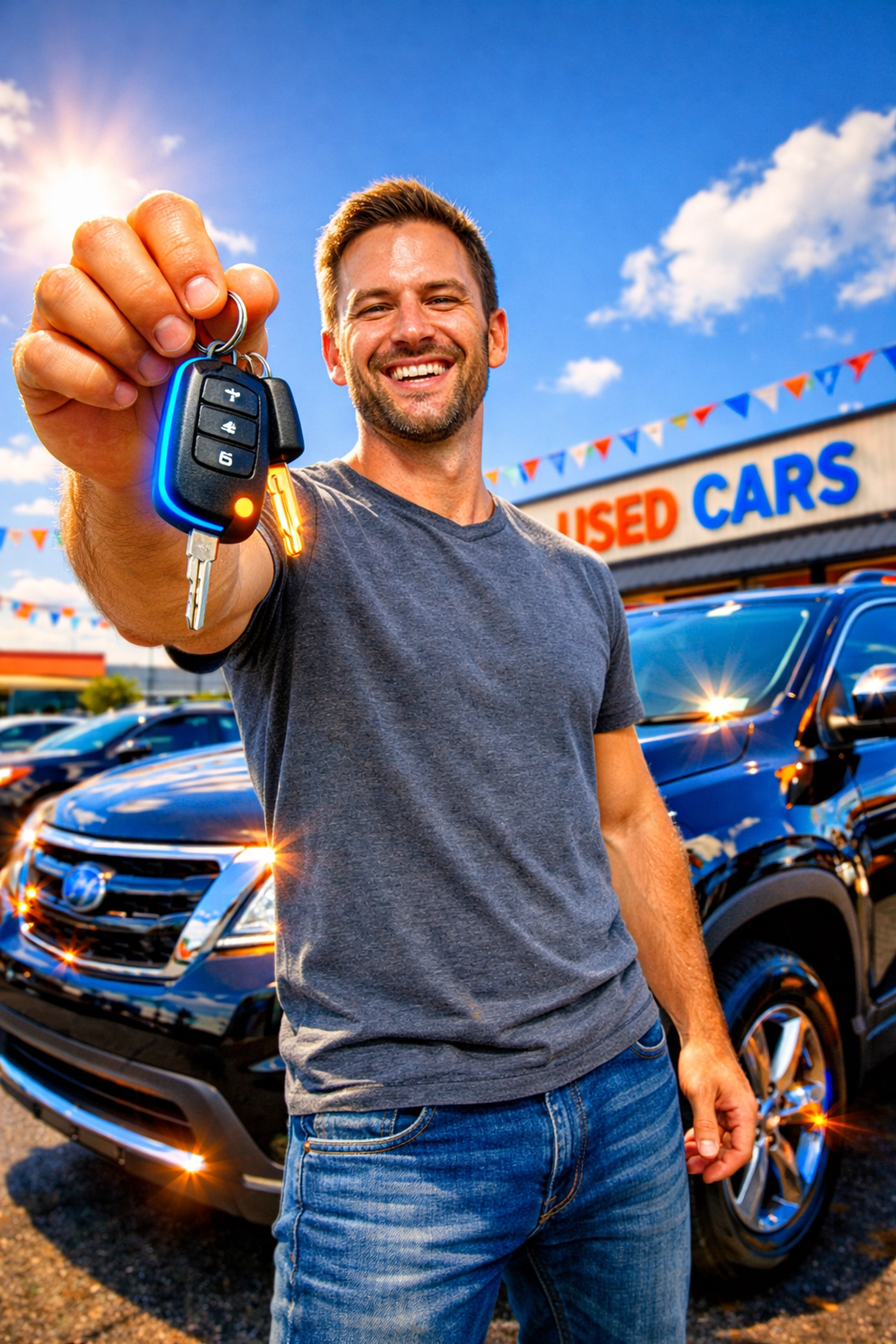 Happy customer holding car keys after Sign & Drive approval at used car dealership in Arnold MO
