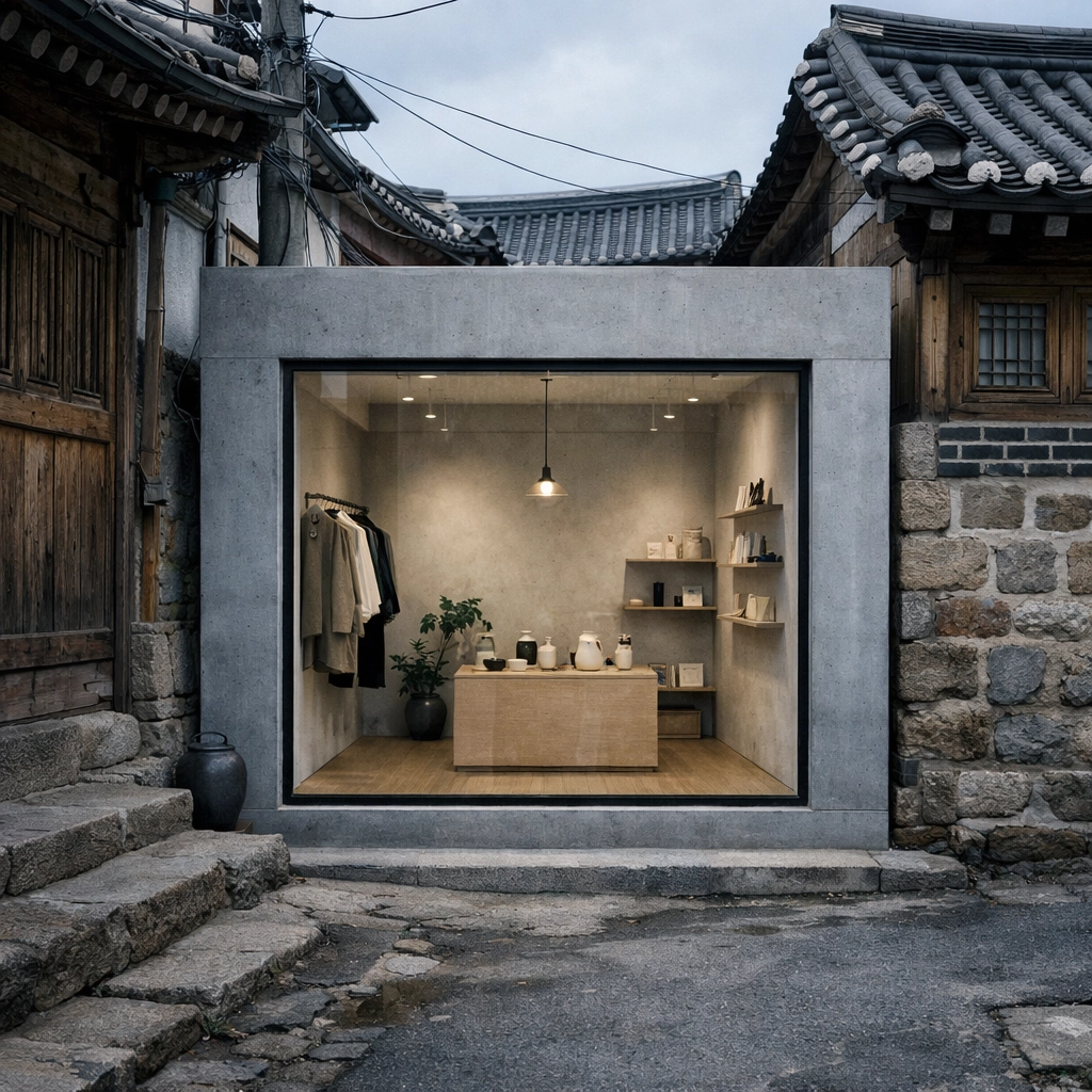A minimalist Ahhorn boutique storefront in Seoul's Bukchon district blending traditional and modern architecture.