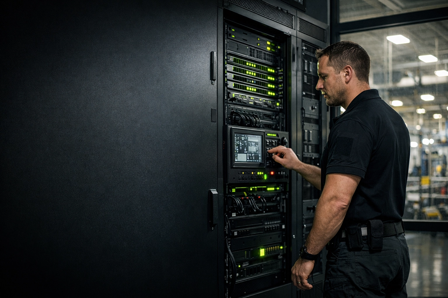 Cybersecurity expert securing an industrial server rack in a Nebraska manufacturing plant for ransomware protection.