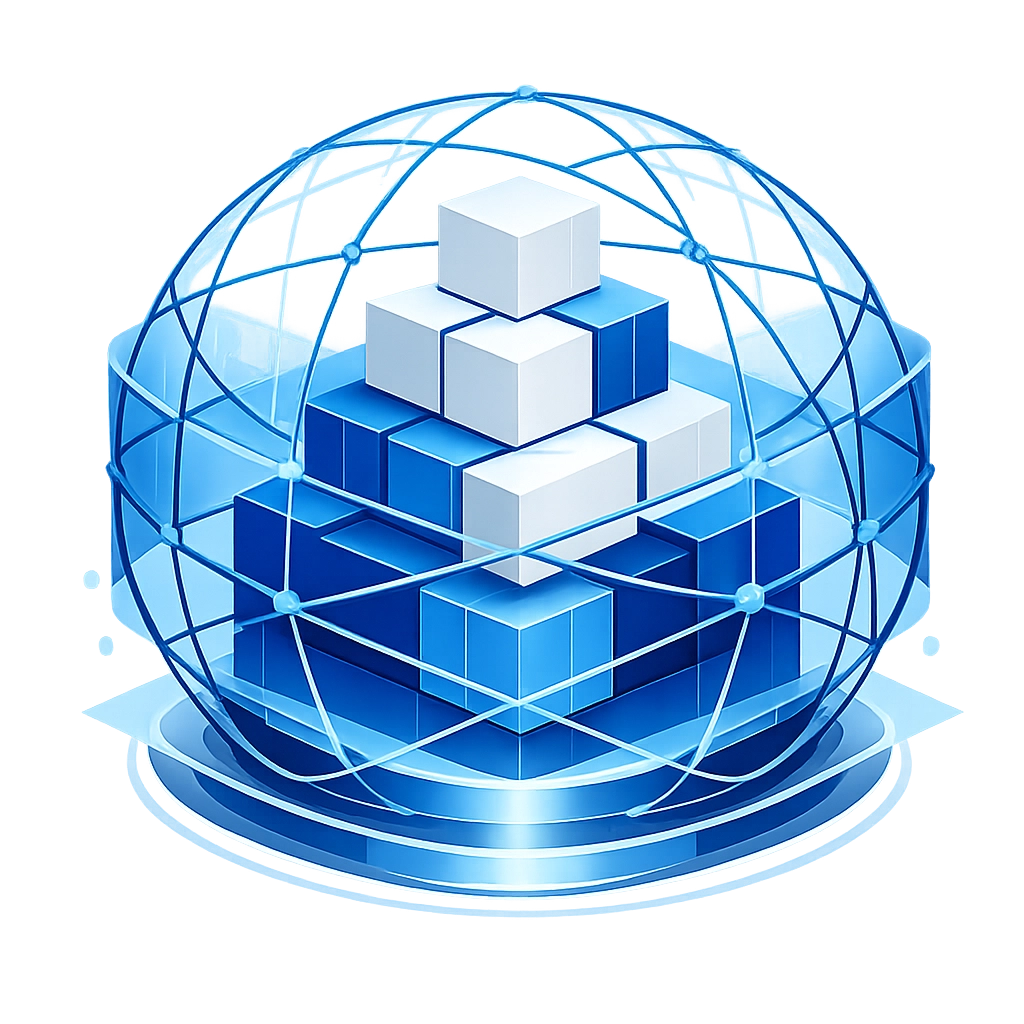 Protective grid surrounding a digital building structure symbolizing a secure and future-proof business network