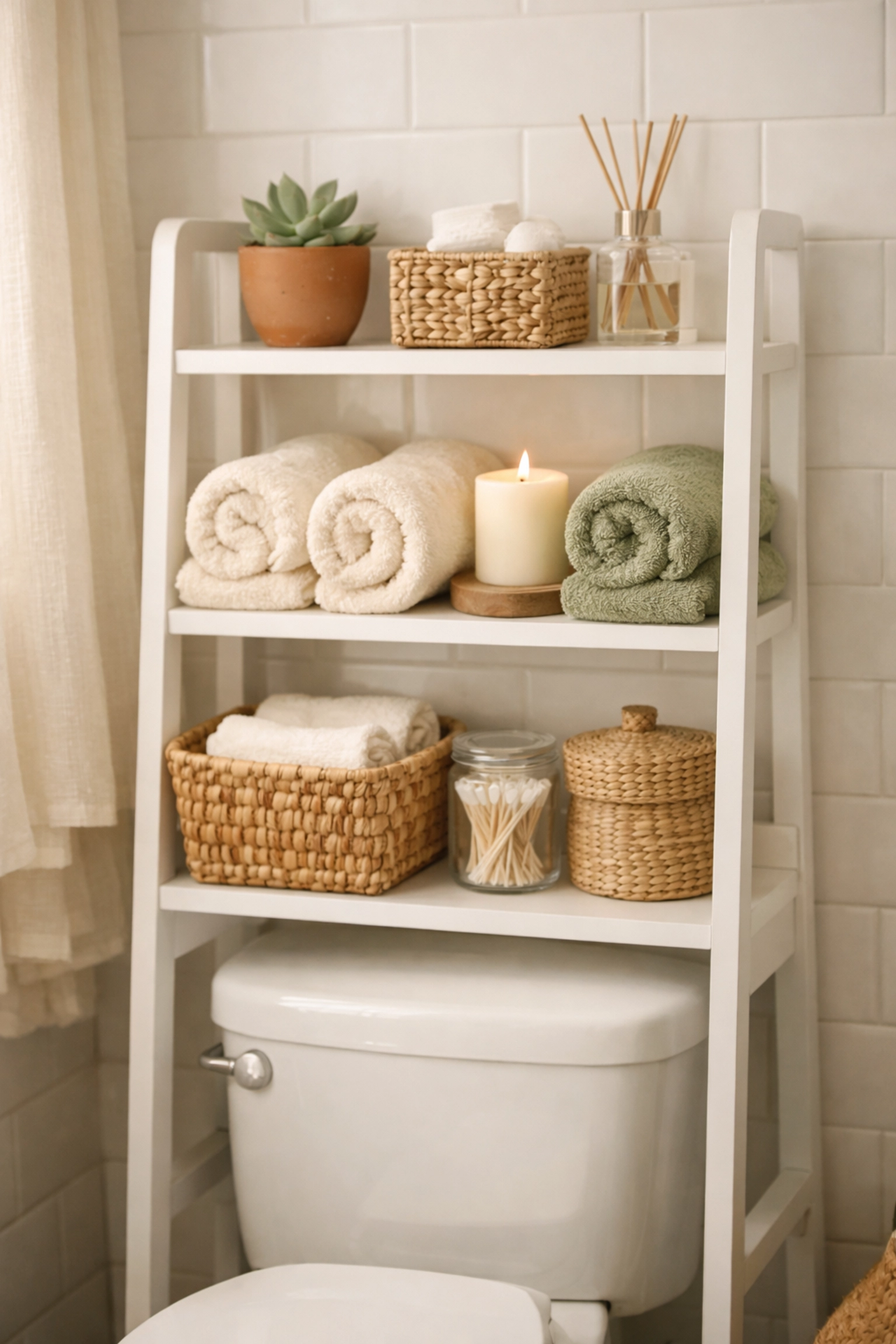White over-the-toilet shelving unit styled with towels, plant, and baskets in small bathroom