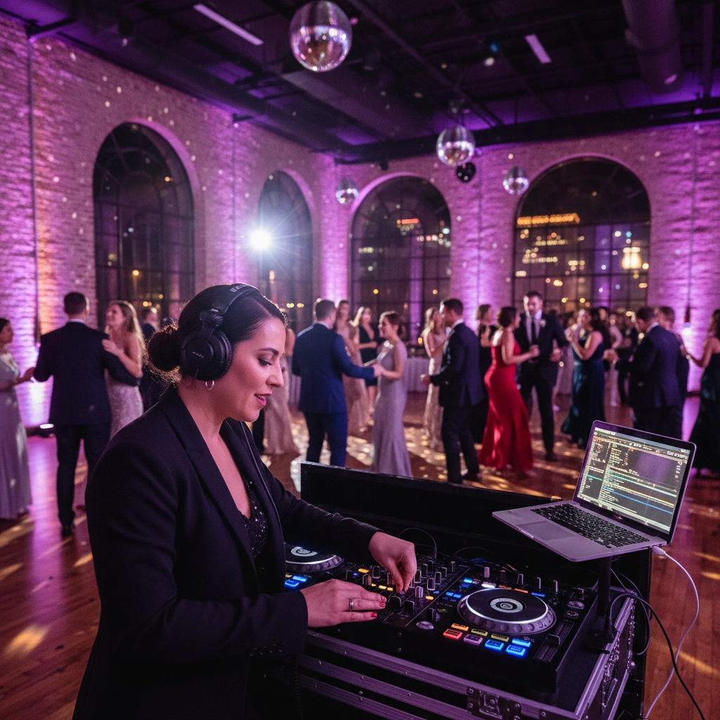DJ mixing music at an elegant indoor party with brick walls and purple lighting. Guests in formal attire dance under disco balls.