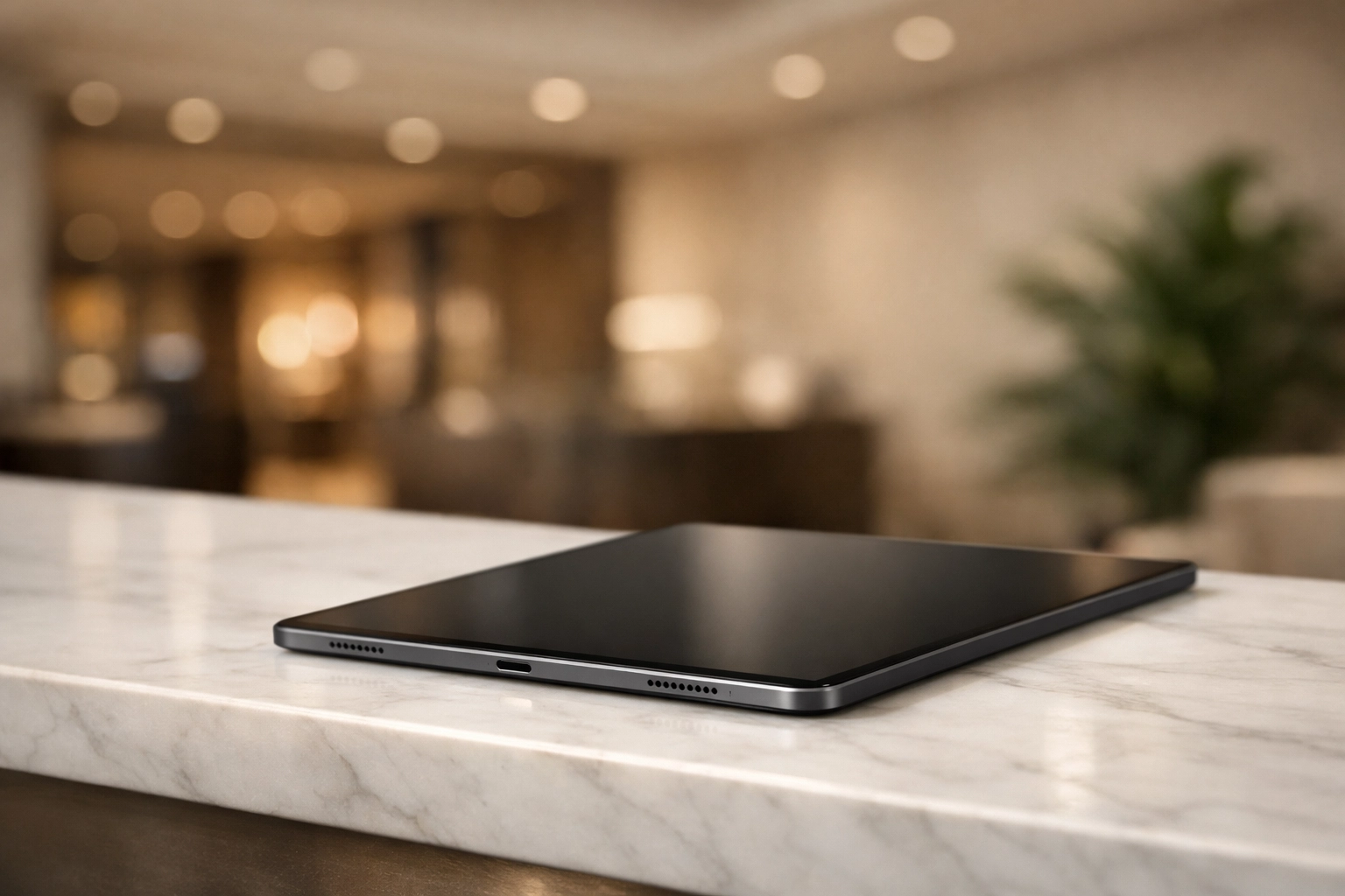 Modern tablet running cloud-native hotel PMS software on a luxury marble concierge desk.