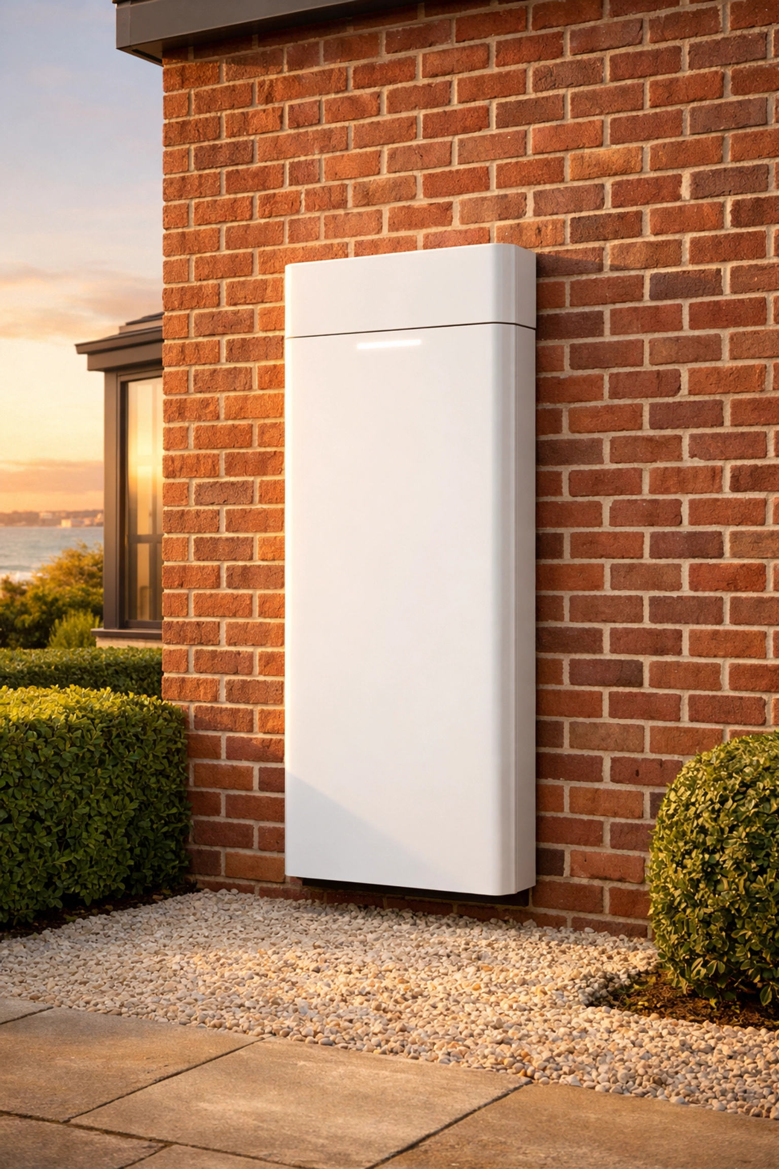 Weather-resistant Tesla Powerwall 3 battery installed on a red-brick Bournemouth house.