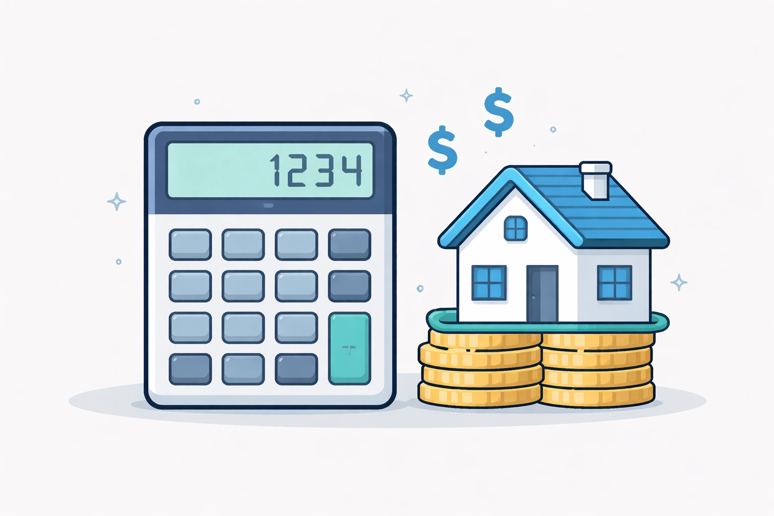 Illustration of calculator, house, and coins visually explaining how property management fees are calculated for rental properties.