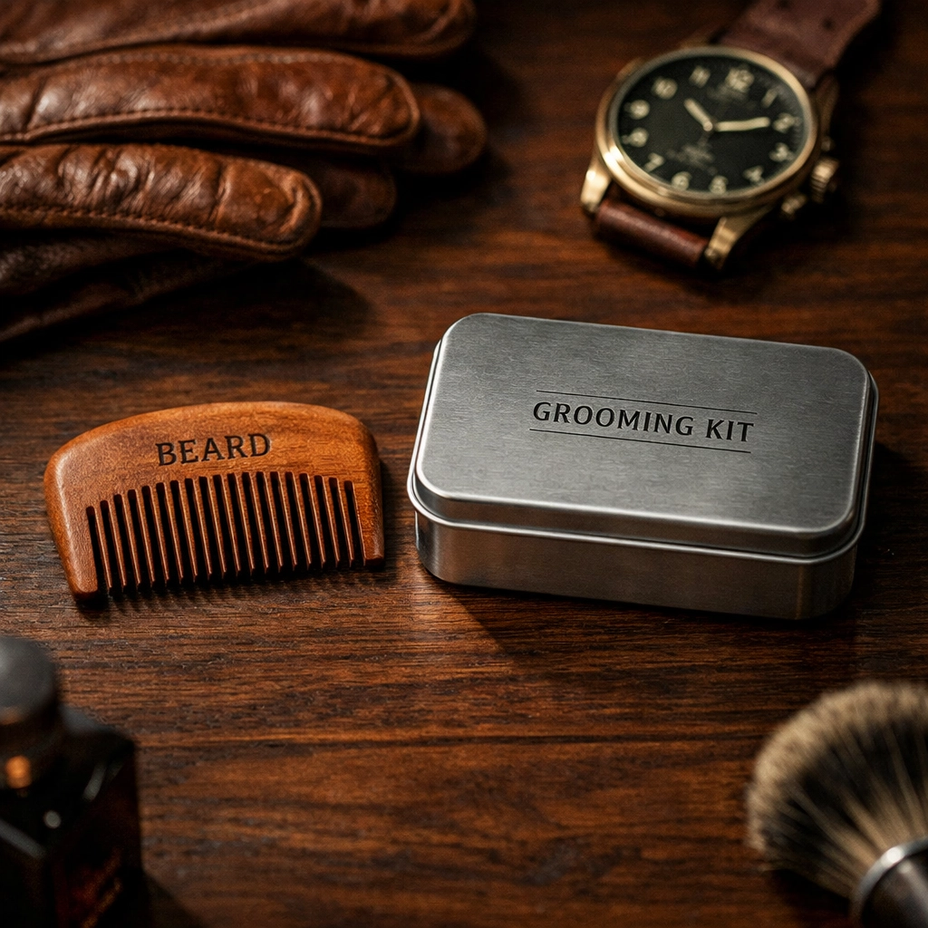 Luxury men’s grooming essentials including a sandalwood beard comb and premium beard care products.