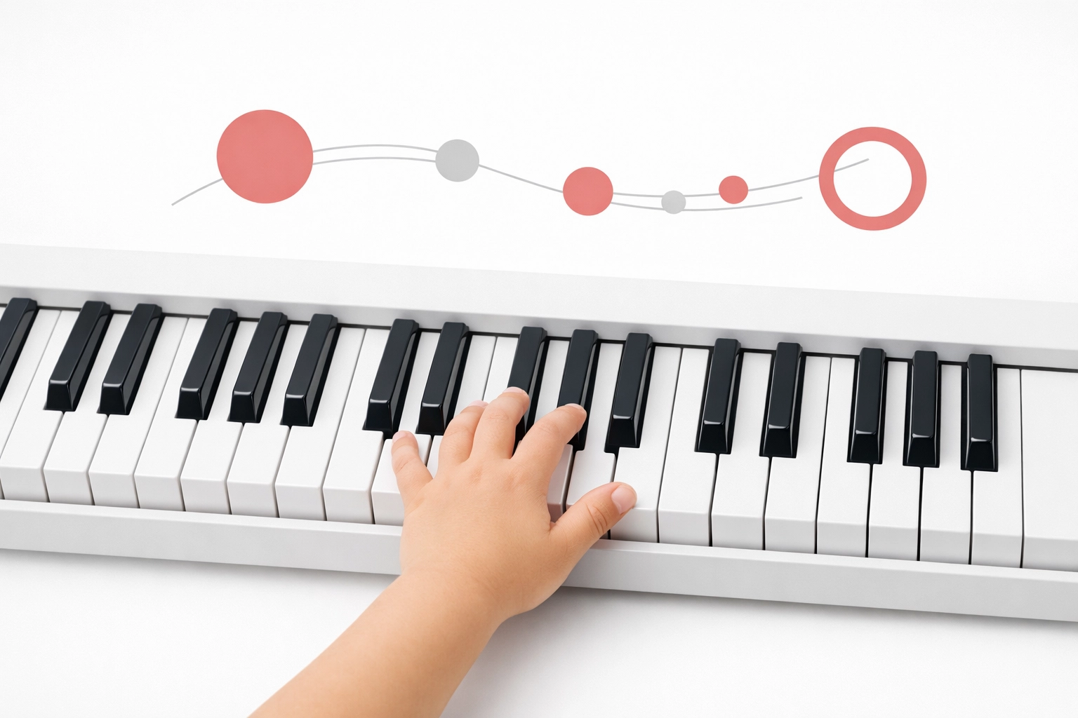 Close-up of a child's hands playing a chord on a keyboard, illustrating the success loop in beginner piano lessons.