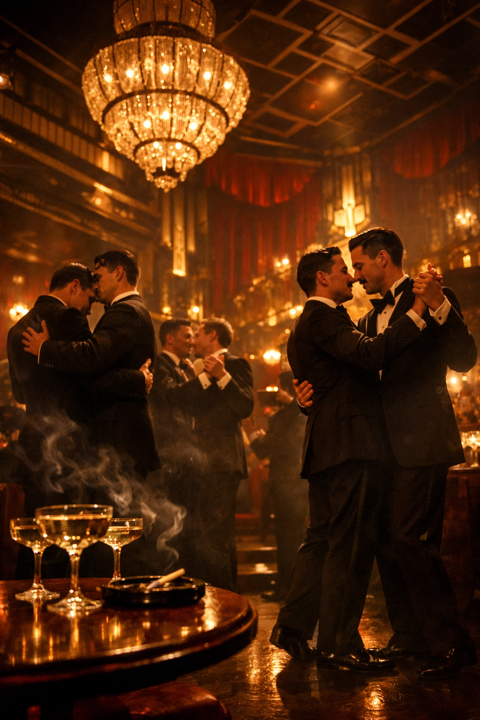 Gay couples dancing in 1920s Berlin nightclub during the Golden Twenties era