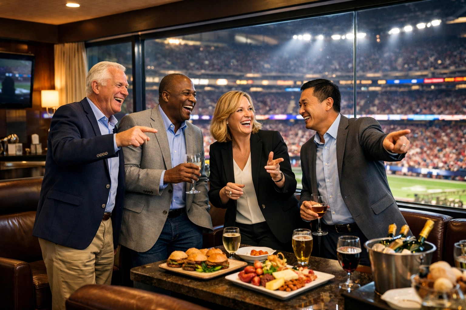 Executives networking in a luxury stadium hospitality suite to build brand authority through VIP client engagement.