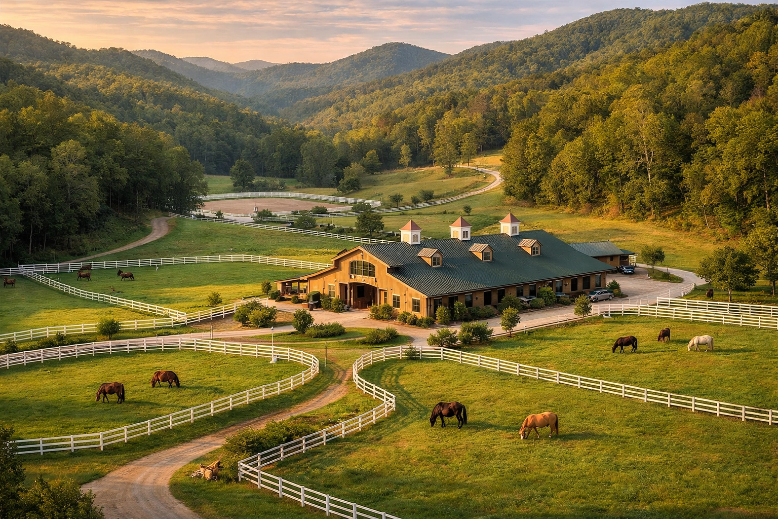 Equestrian facility in Tryon NC with barn, white-fenced pastures, and horses grazing in rolling hills