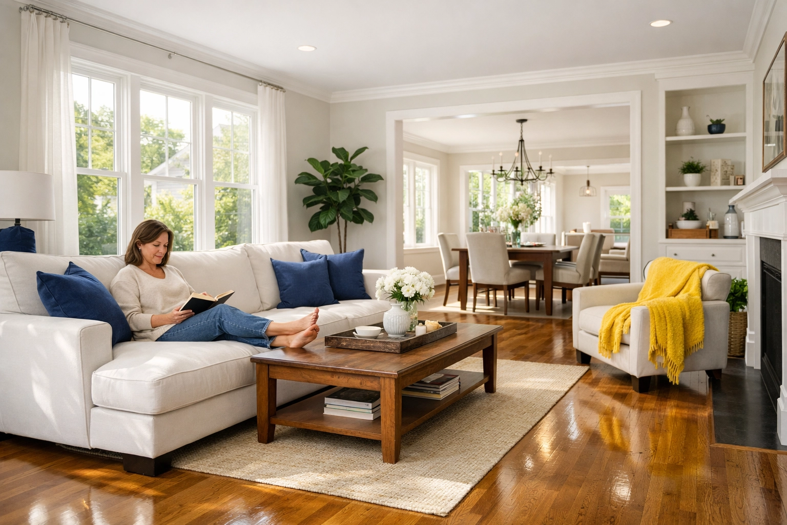 Relaxing in an organized, clean living room after professional house cleaning in Townsend MA.