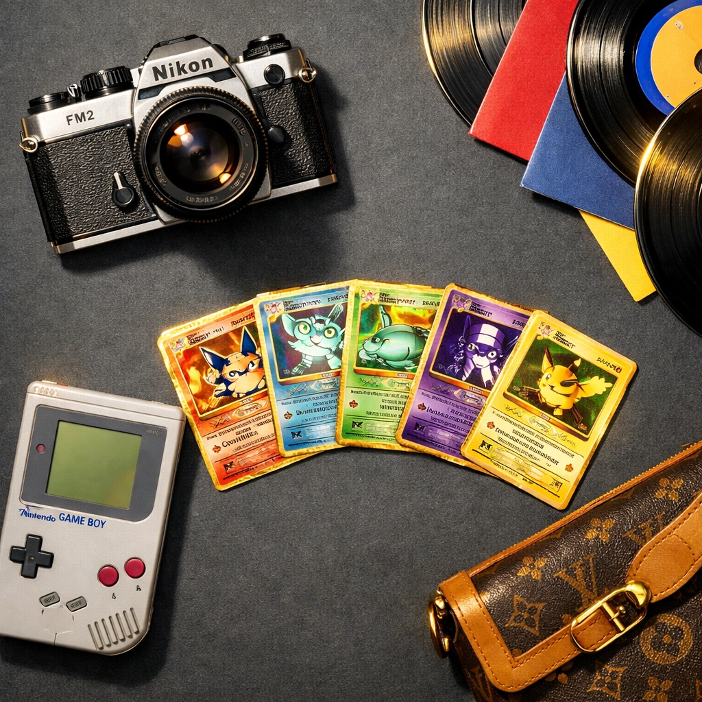Collectible 90s items including vintage camera, vinyl records, Pokemon cards, and Game Boy