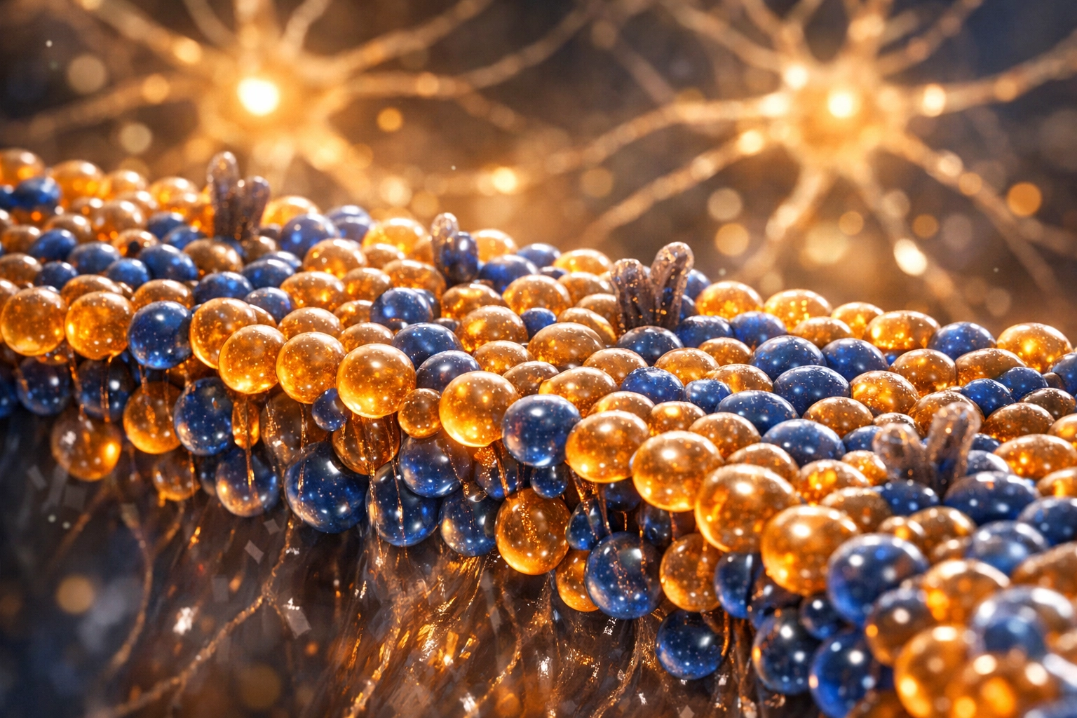 Microscopic view of a neuron cell membrane showing Omega-3 fatty acids DHA and EPA for brain structure.