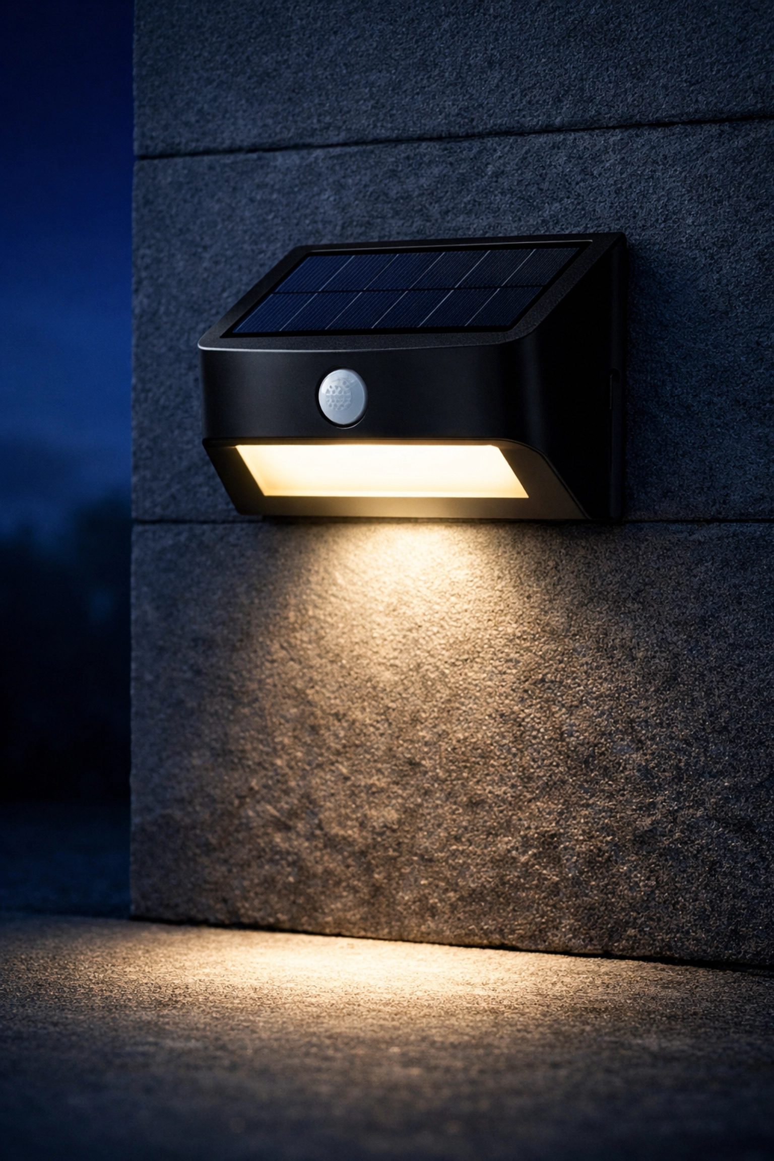 Μαύρο ηλιακό φωτιστικό τοίχου με αισθητήρα κίνησης που φωτίζει την αυλή το βράδυ.