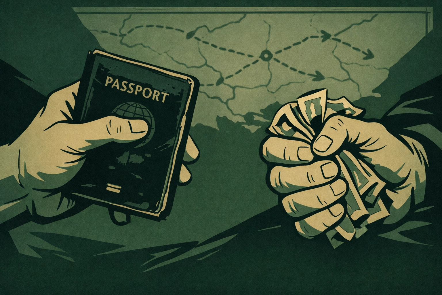 Hands holding passport and money symbolizing LGBTQ+ refugee escape planning from Iran