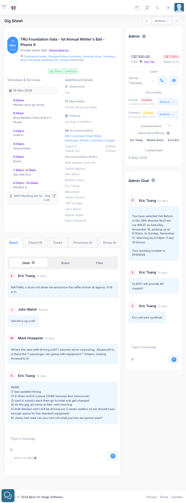 The Back On Stage Desktop Gig Sheet screenshot.