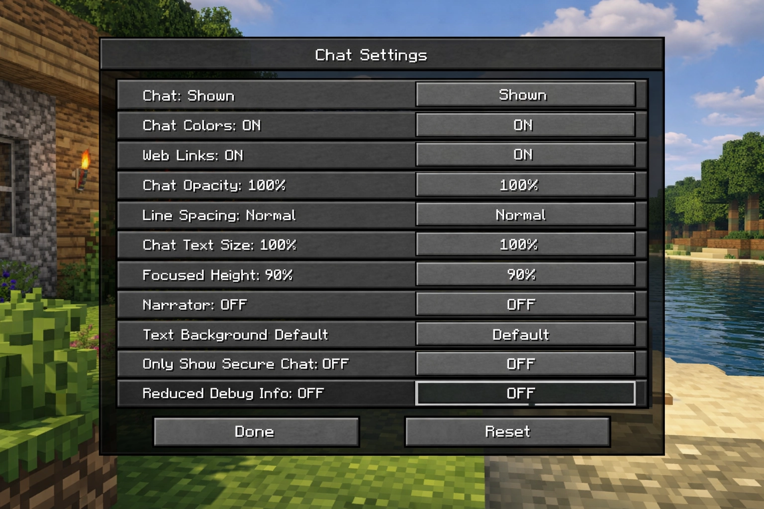 High-resolution 2026 screenshot of Minecraft Java Edition settings showing Reduced Debug Info turned OFF.