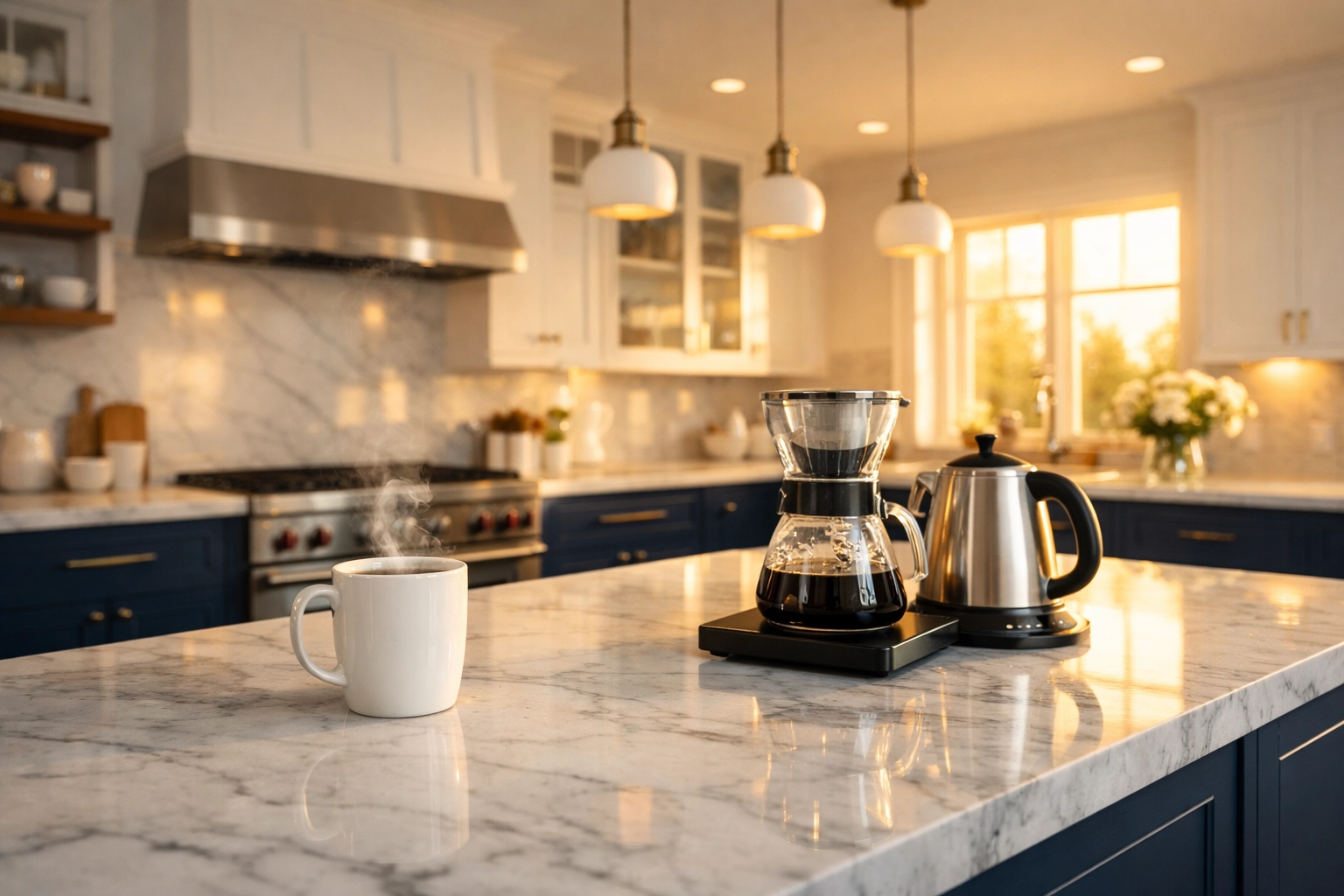 A pristine, professionally cleaned kitchen with a fresh cup of coffee on the marble island.