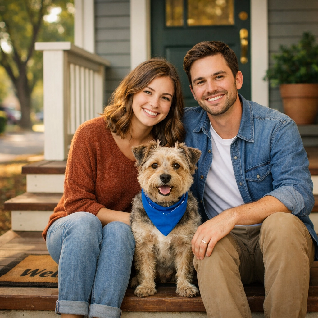 Young couple and their dog on the porch of a charming bungalow in a safe Belton Missouri neighborhood.