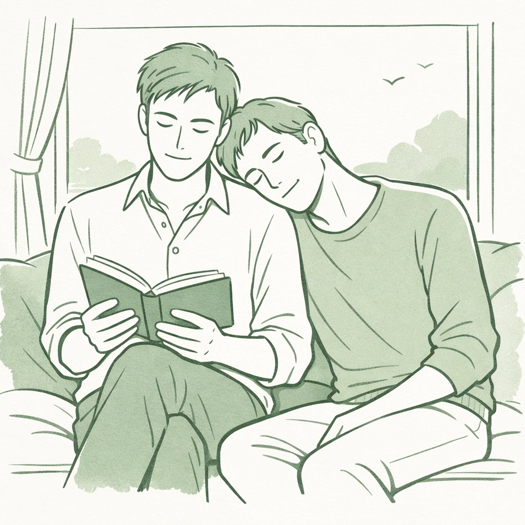 Two gay men sharing a quiet moment reading MM fiction, illustrating emotional connection for ace and aro allies.