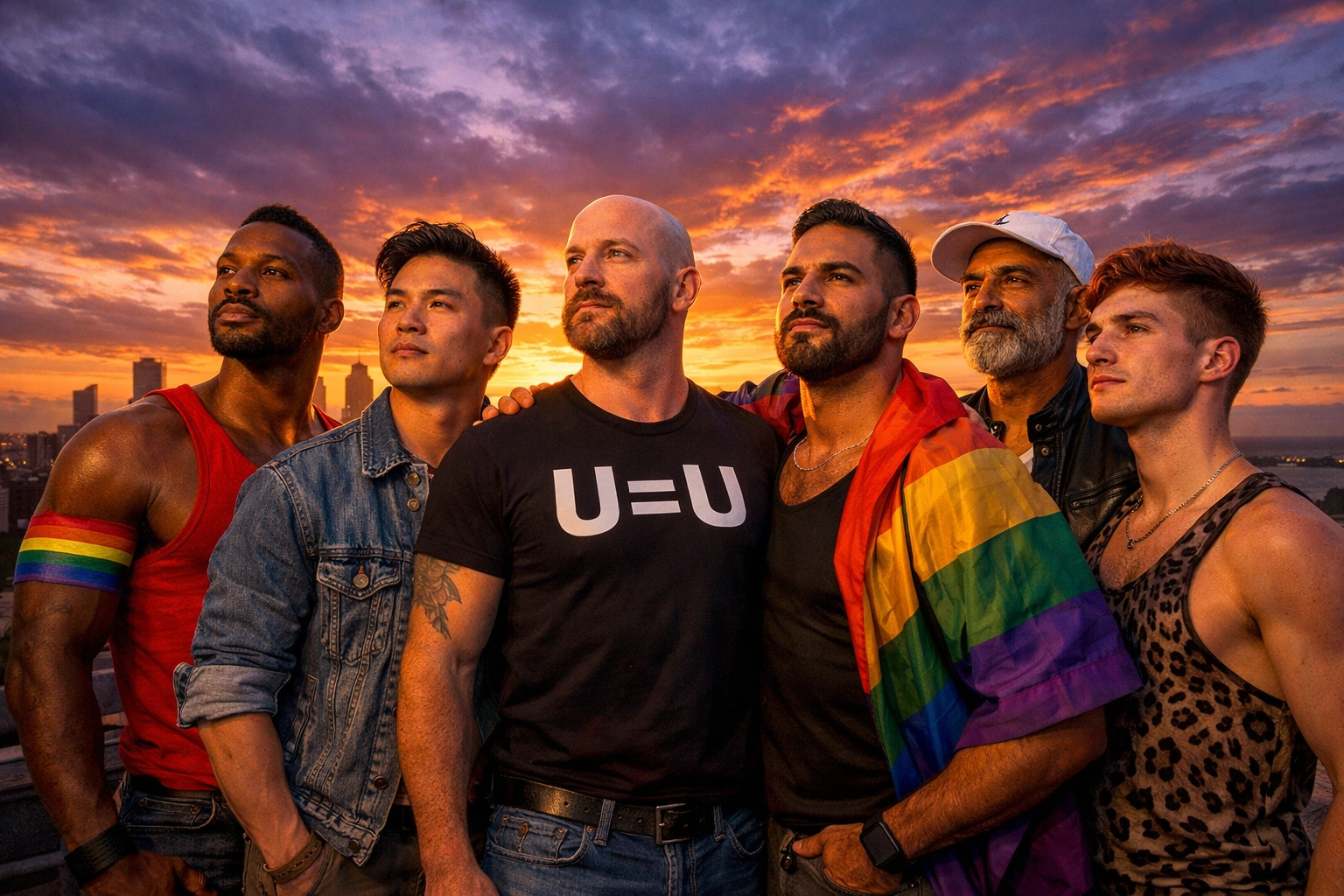 A diverse group of queer men standing together at sunset, representing the strength of the U=U movement.