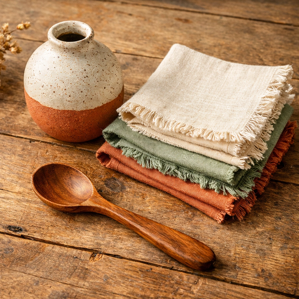 Curated collection of unique handcrafted ceramic and wooden home accessories on a rustic tabletop.