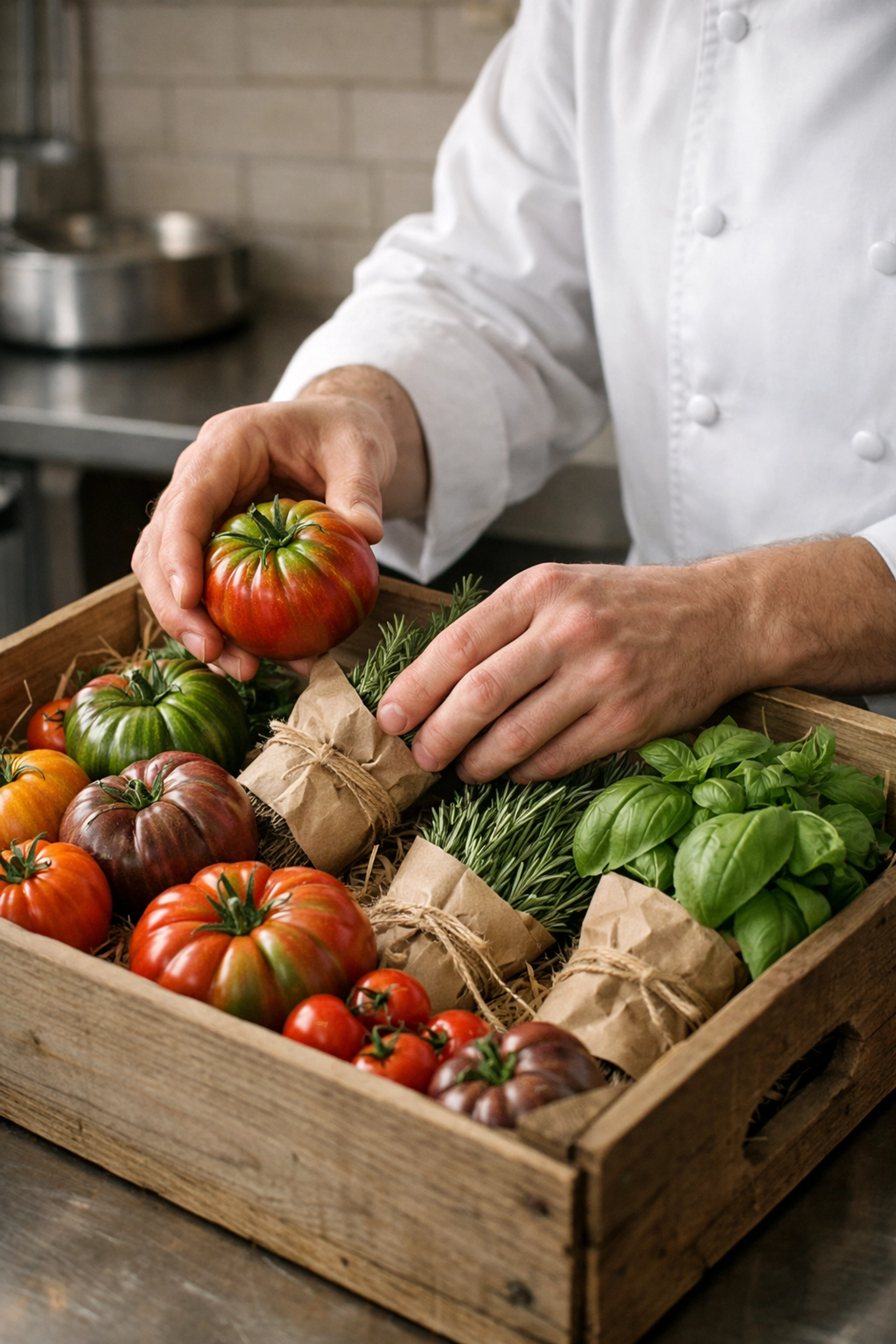 Chef inspecting a fresh produce delivery in a commercial kitchen to ensure restaurant order accuracy.