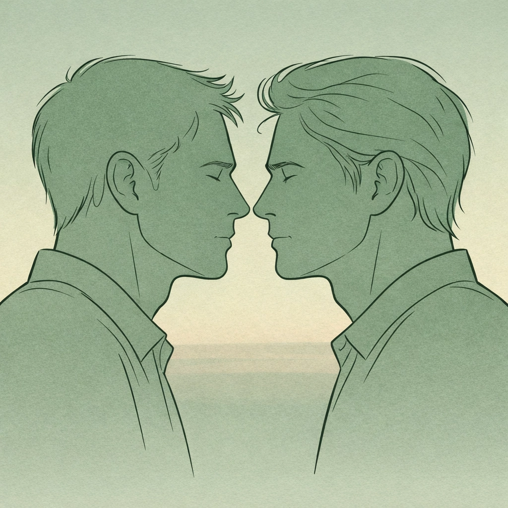 Silhouettes of two men age 42 and 45 - first-time MM intimacy connection