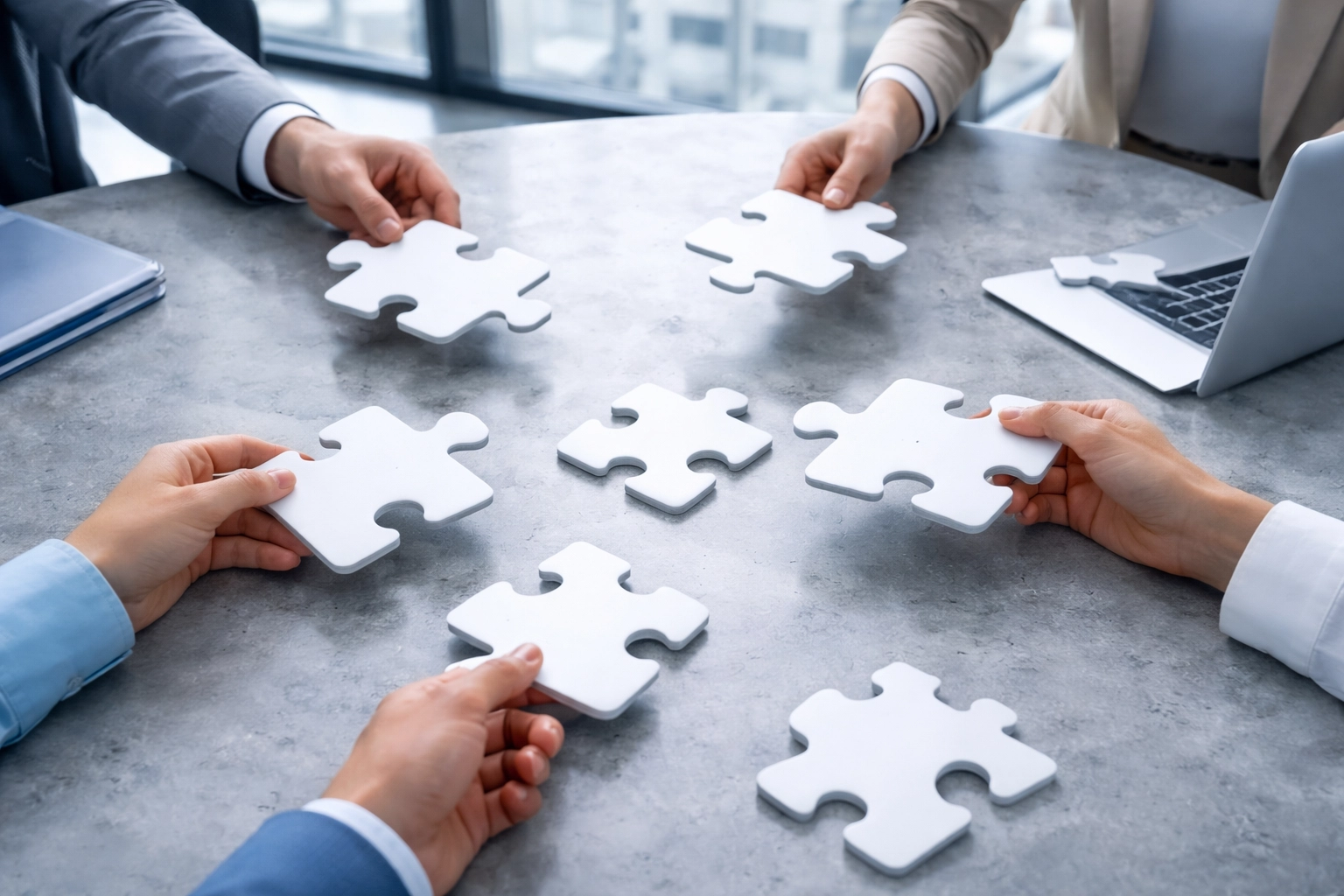 Puzzle pieces and hands on a table showing fragmented teamwork, illustrating the challenge of breaking down silos.
