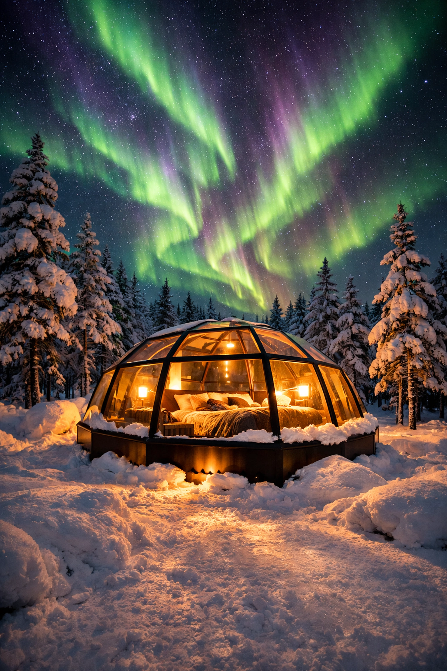 Luxury glass igloo in Finnish Lapland under the Northern Lights for a cozy Scandinavian honeymoon.