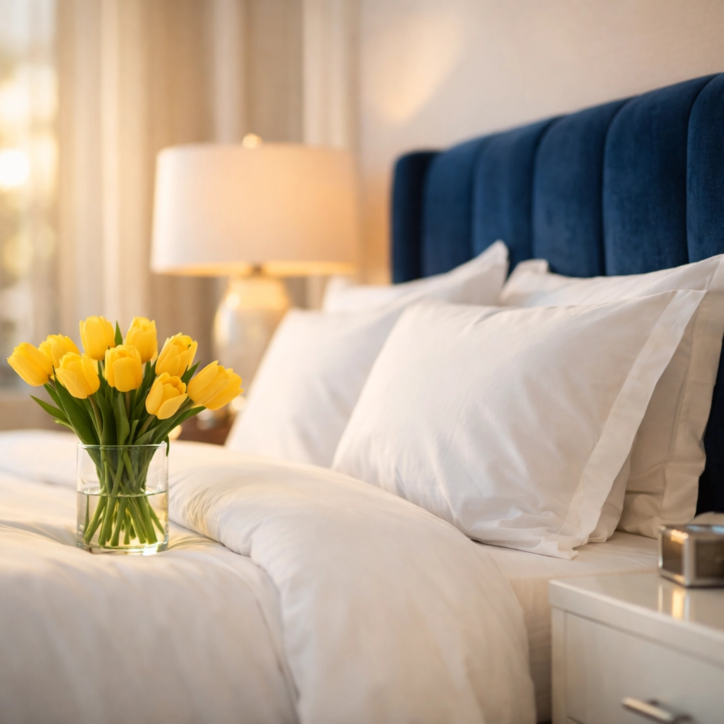 Pristine master bedroom sanctuary with white bedding and blue accents from a budget-friendly cleaning.