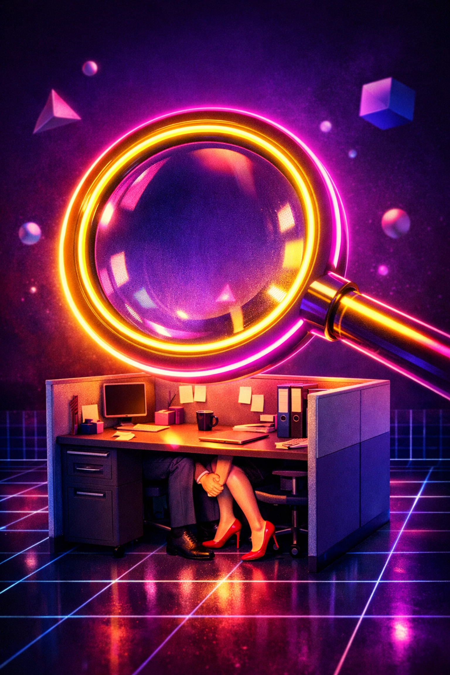 A giant neon magnifying glass over a cubicle representing HR scrutiny of office romance and workplace policies.