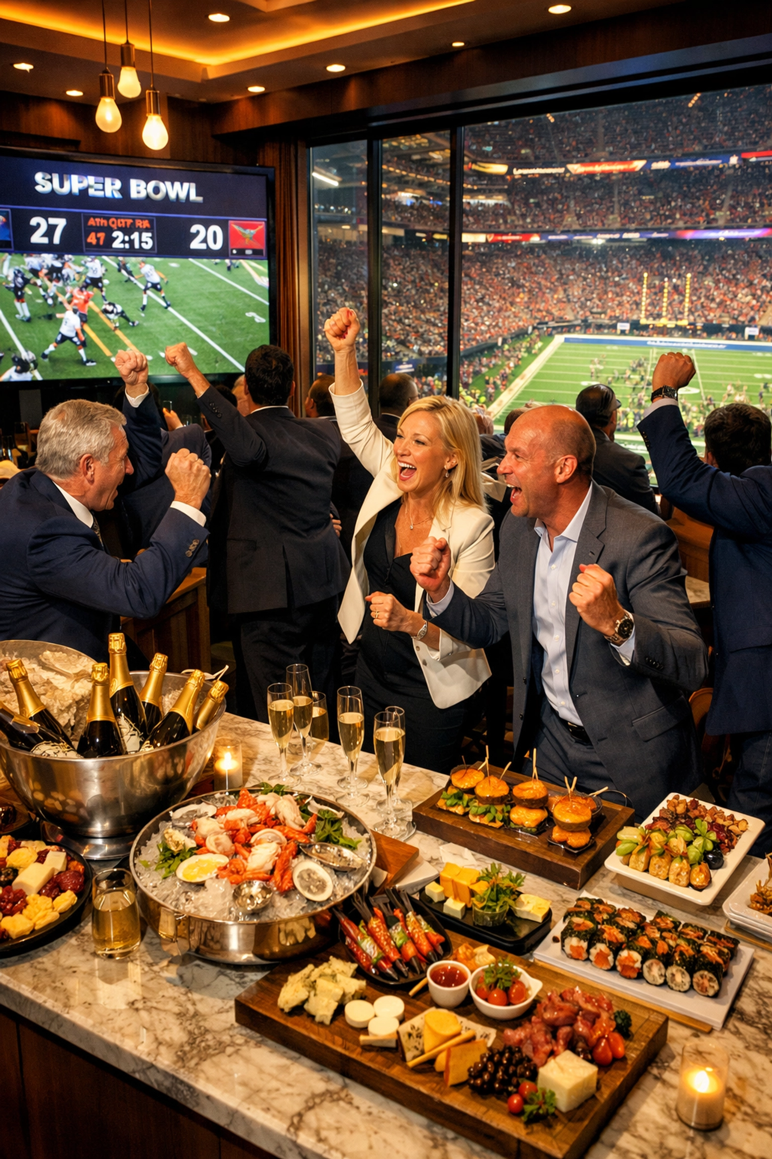 Premium Super Bowl suite with gourmet catering and executives watching live game