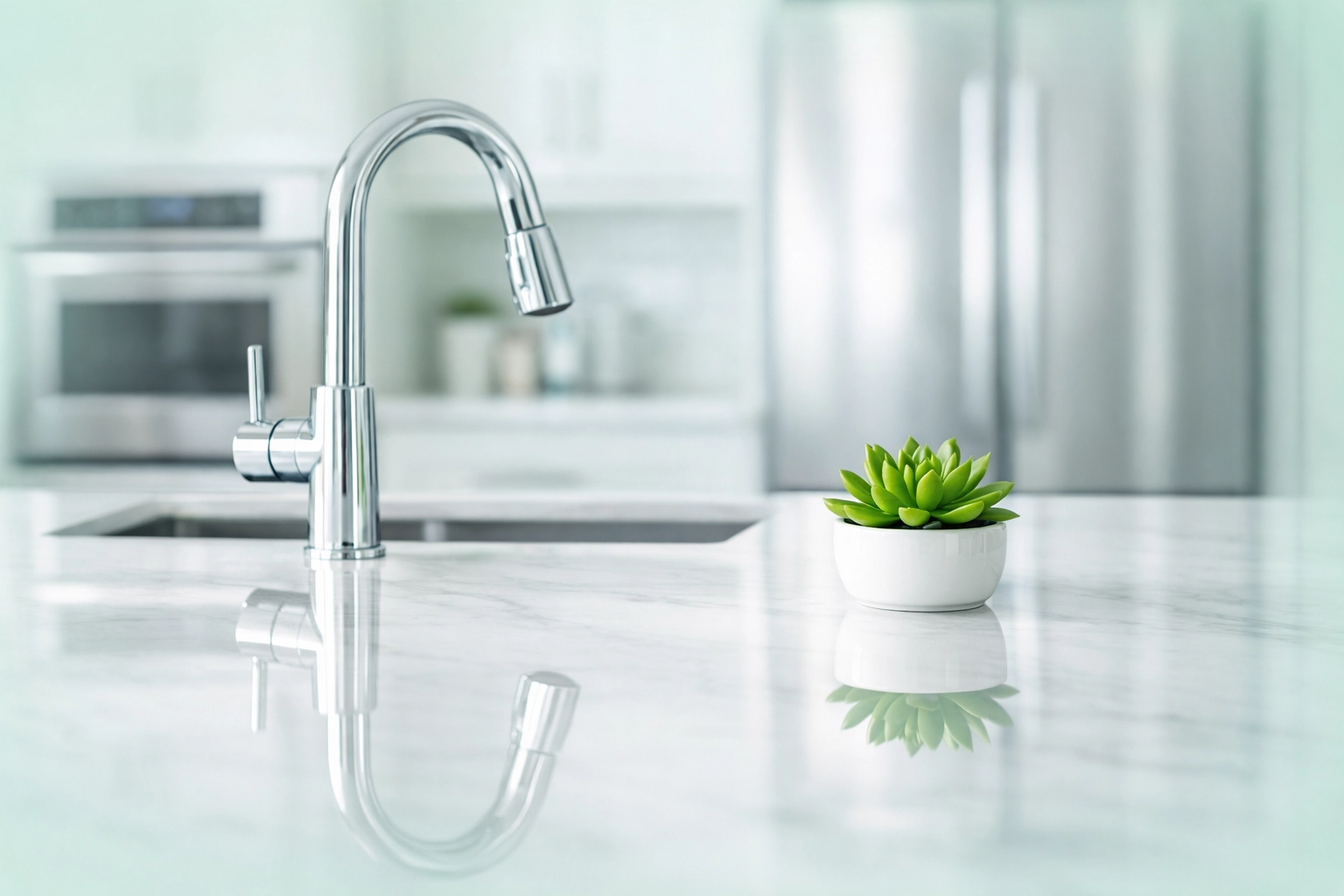 Spotless modern kitchen and marble countertops after a professional cleaning service in Waterloo.