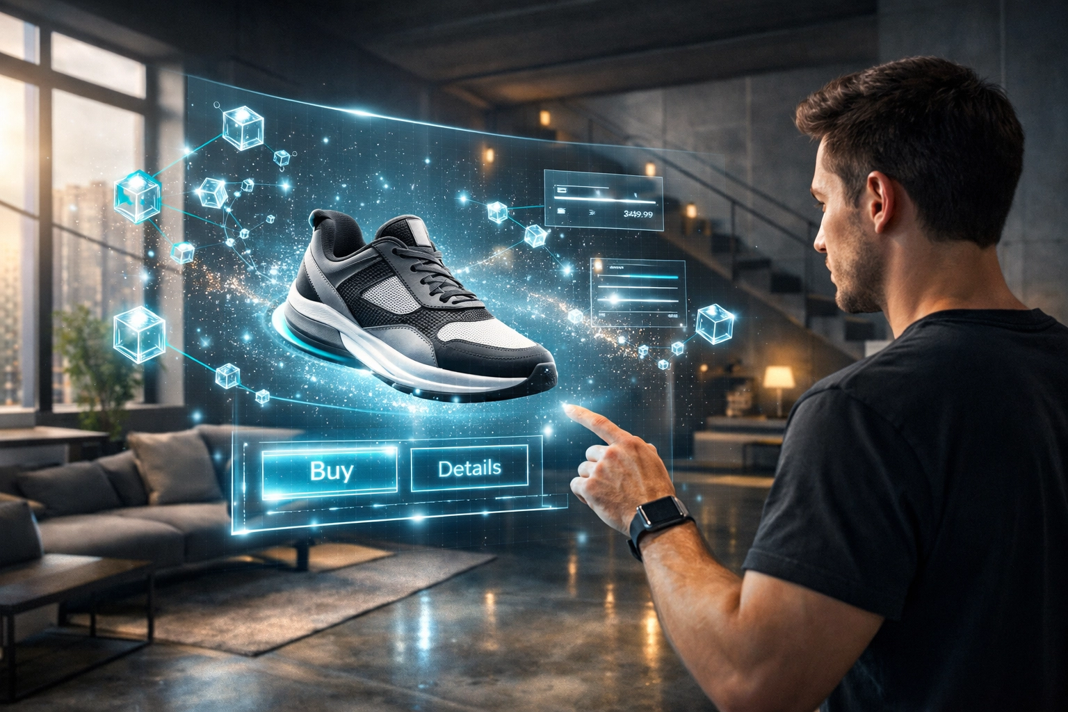 AI-driven commerce interface showing a seamless cryptocurrency purchase of sneakers using Larecoin.
