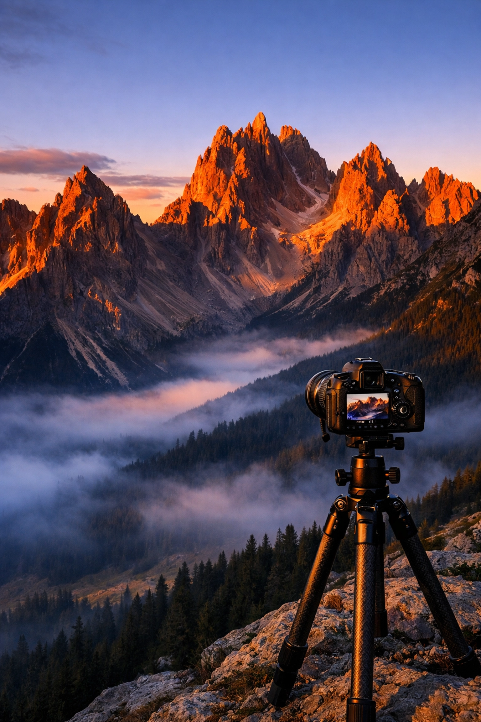 Capturing a golden hour mountain landscape with a tripod setup for professional photography tutorials.