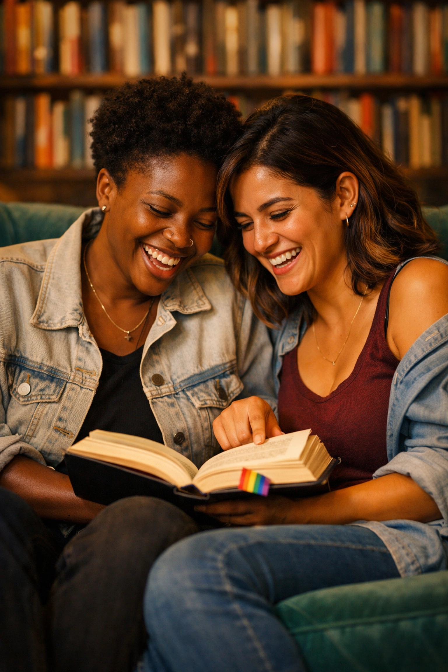 Two diverse women sharing a queer novel, highlighting intersectional visibility in the 2026 challenge.