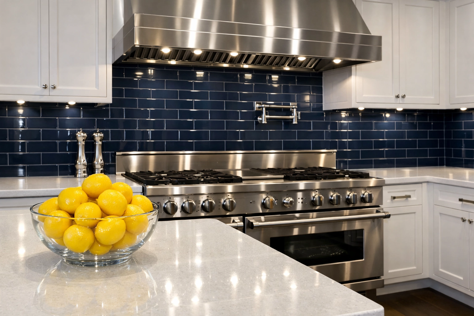 Sparkling white quartz kitchen island and stainless steel range from expert residential cleaning Massachusetts.