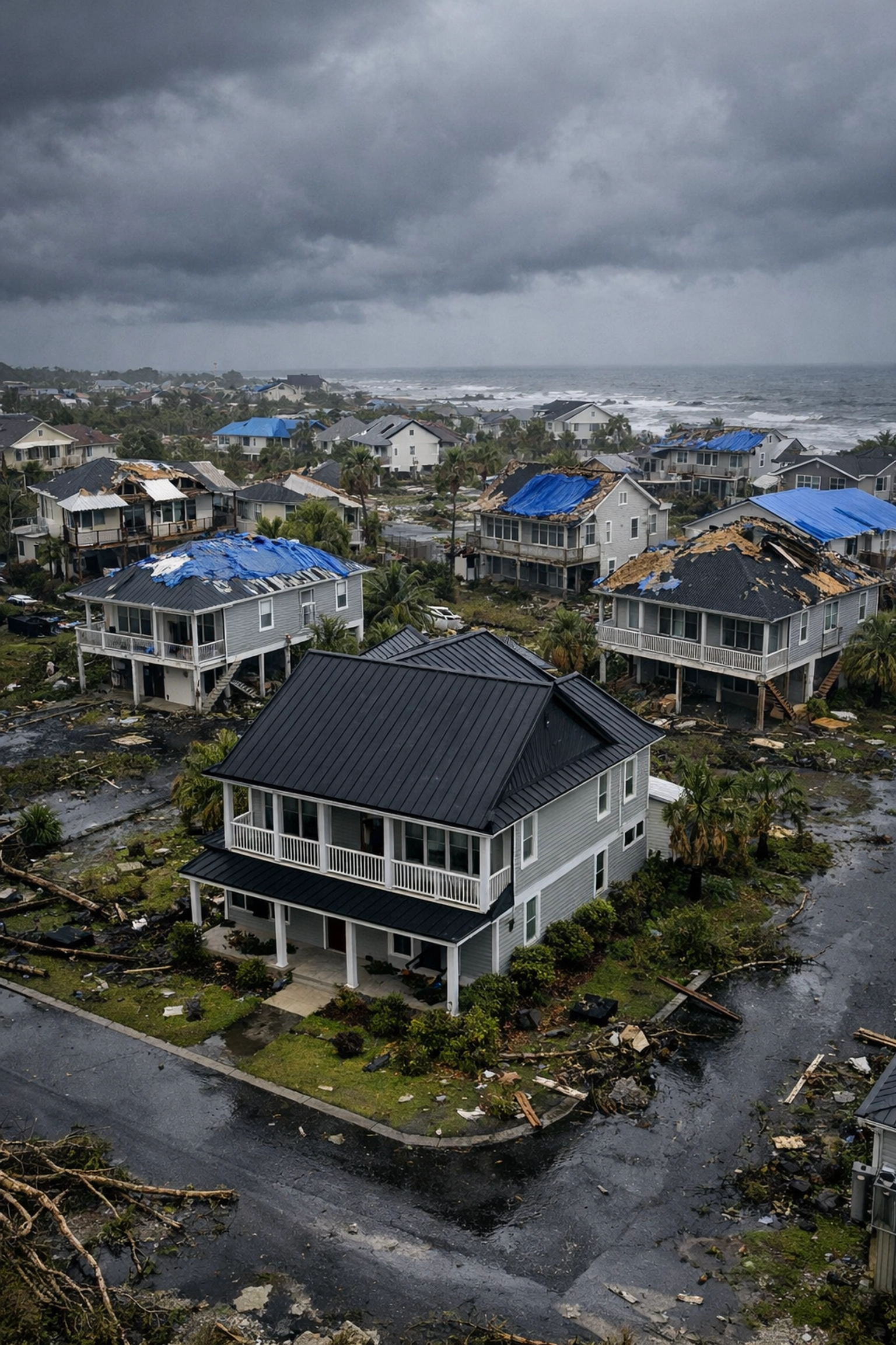 Hurricane damage in coastal NC neighborhood showing FORTIFIED roof home intact while others damaged