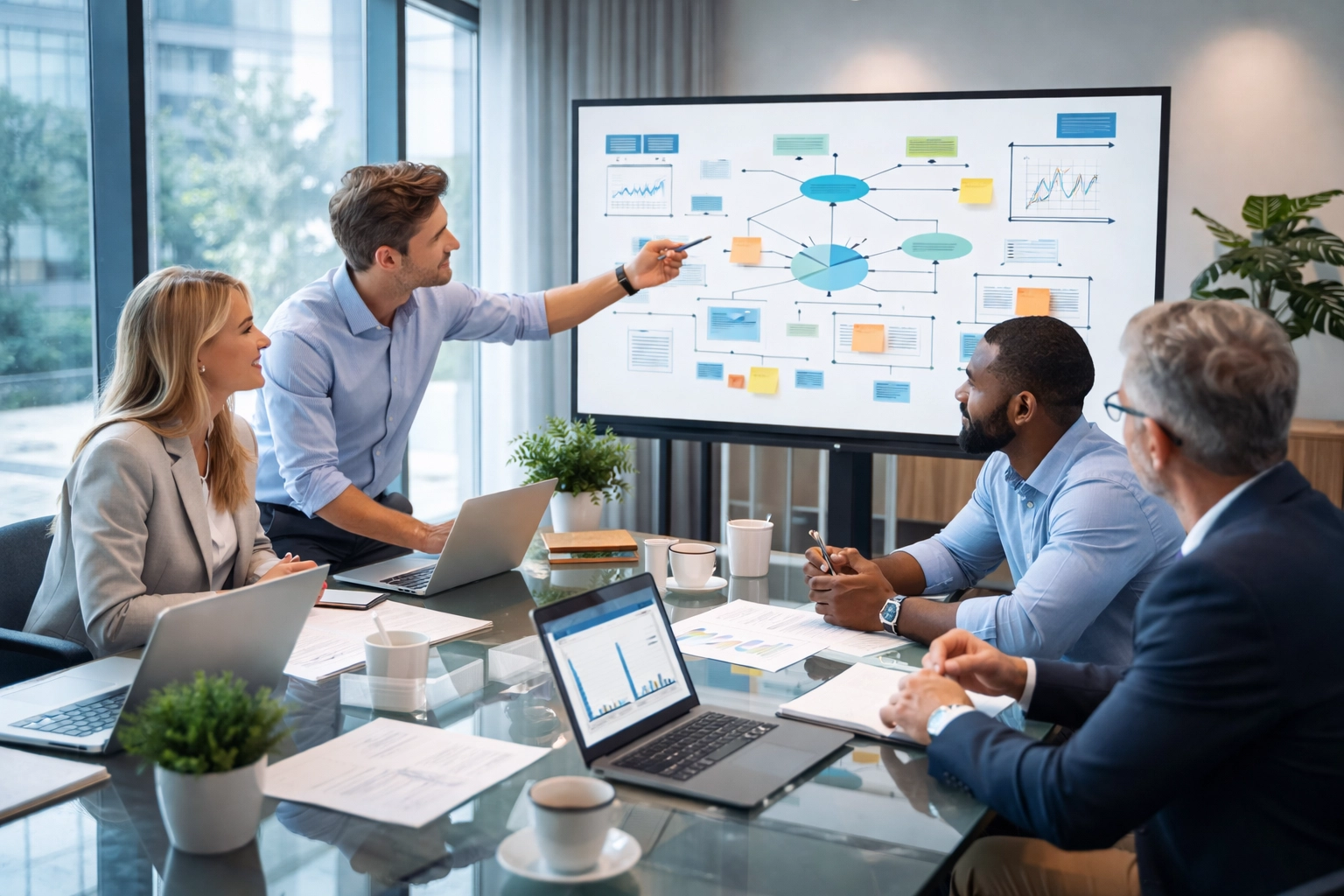 Team collaborating at a glass conference table, planning AI strategy for business growth