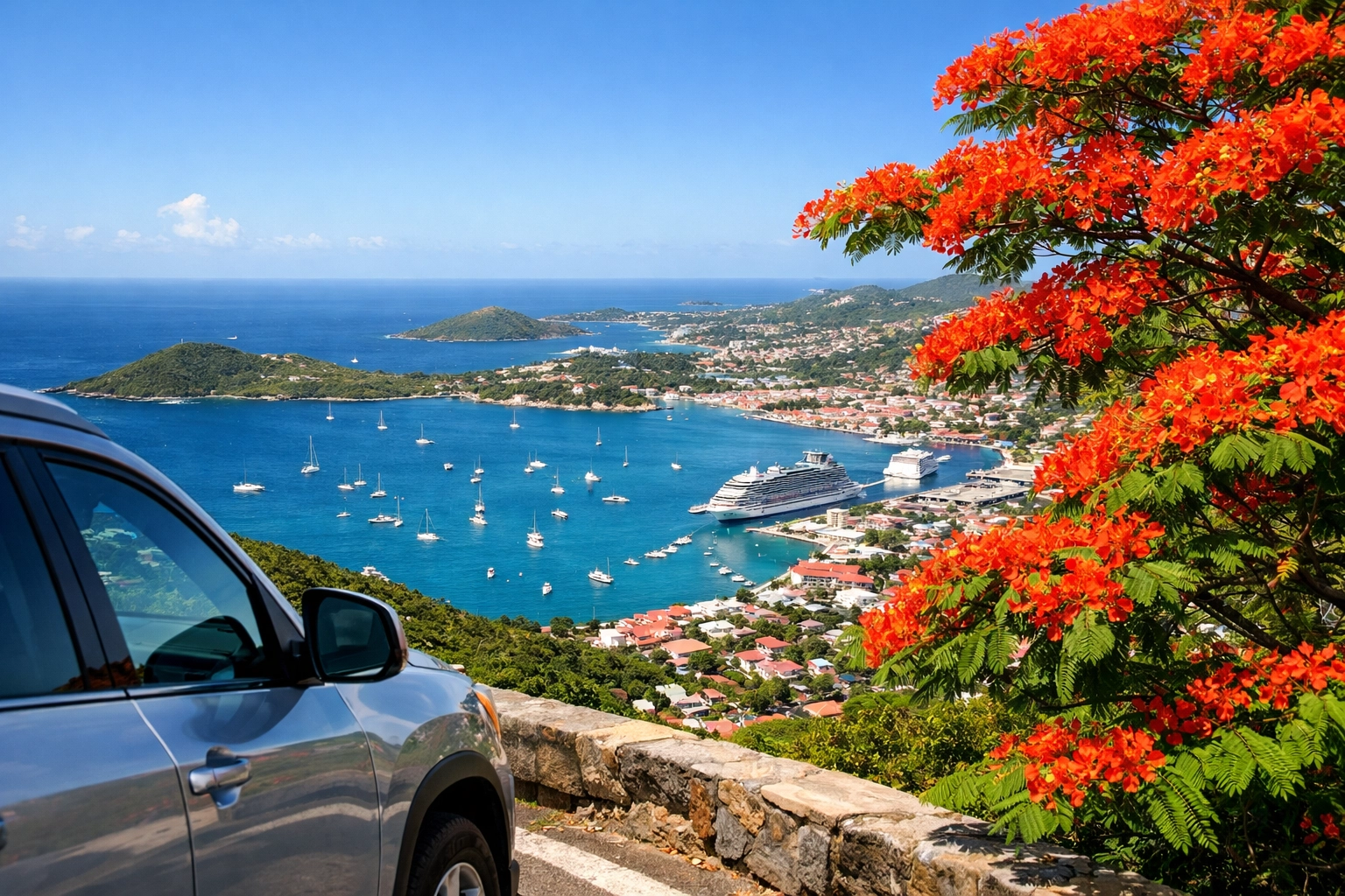 Scenic overlook of Crown Bay and Charlotte Amalie harbor in St. Thomas usvi during professional relocation.