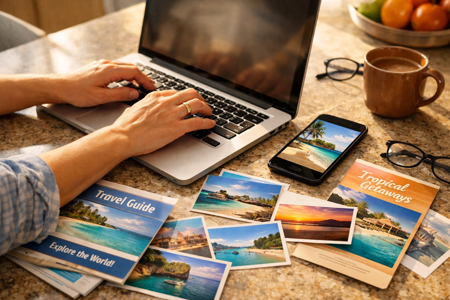 Hands typing on laptop surrounded by travel brochures and vacation planning resources