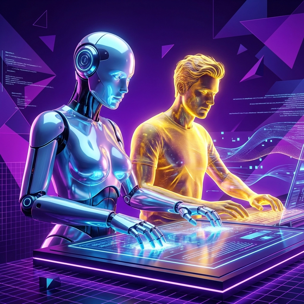 Human and AI collaborating at a glowing workstation, representing creative and AI-powered digital marketing