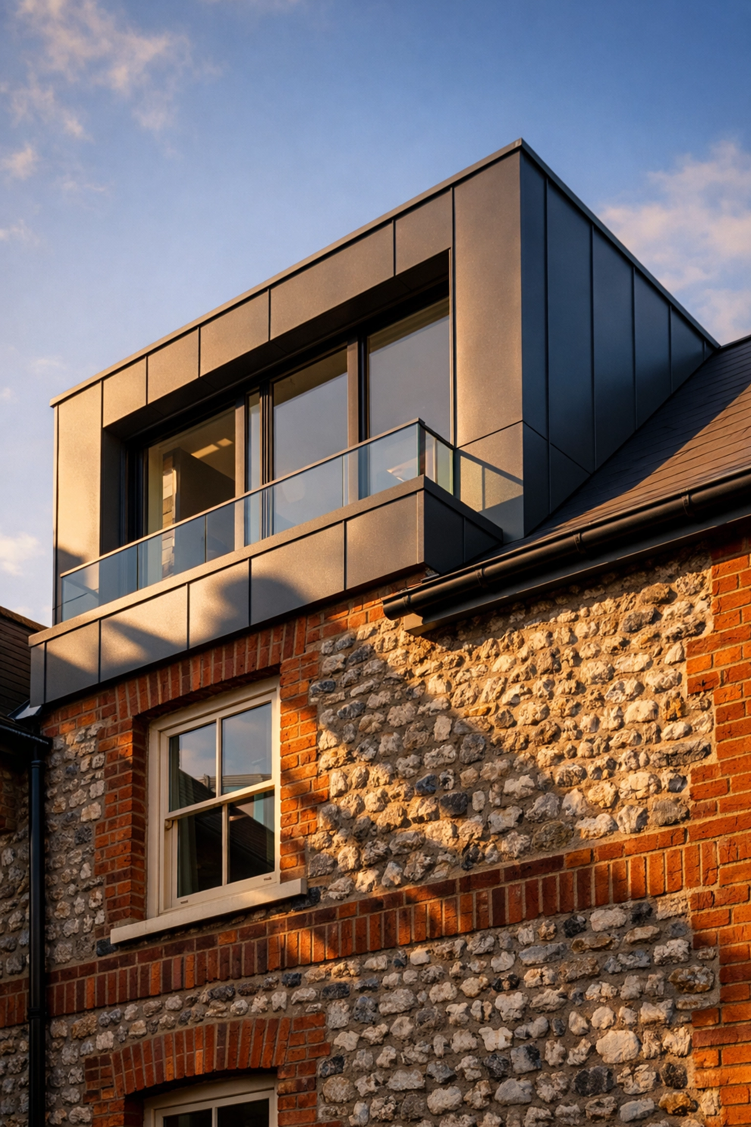 Sustainable modern second floor set back on a traditional Sussex flint house in a conservation area.