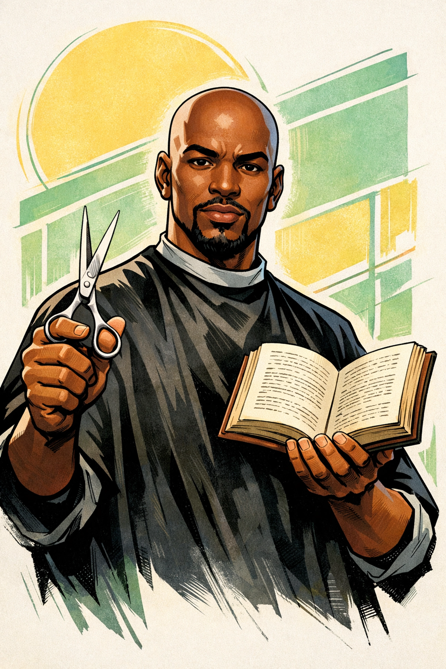 Professor Antonio with barber shears and a book, linking barbershop literacy to future success