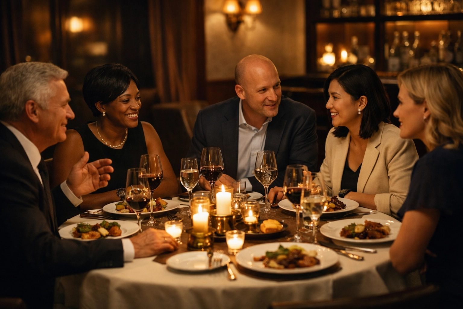 Business executives networking over private dinner during Super Bowl corporate hospitality event