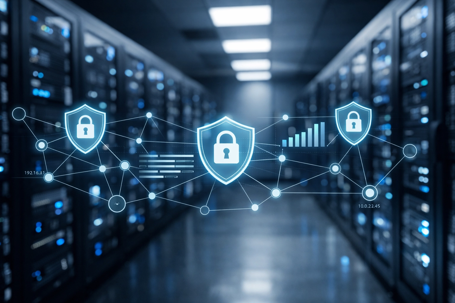 Secure server room with network topology visuals illustrating a proactive cybersecurity audit for tax season.