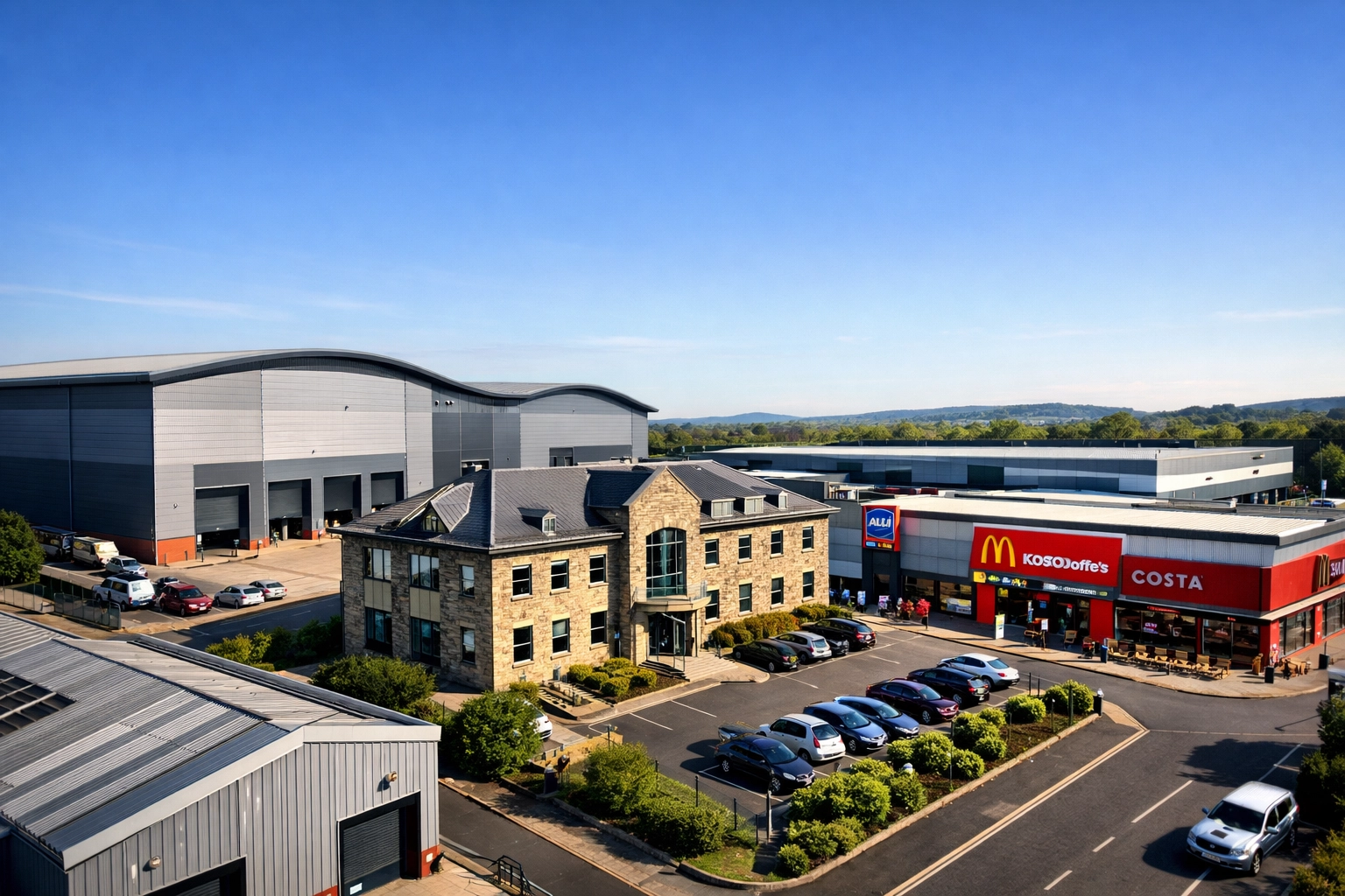 Diverse commercial properties like warehouses and offices in a Greater Manchester business park.